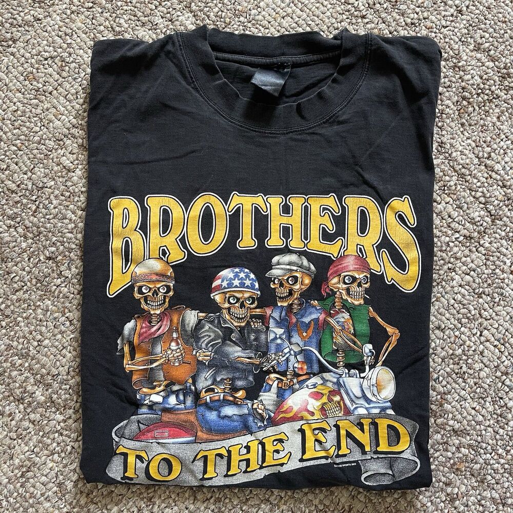 Vintage Y2K Brothers To The End Motorcycle Skeleton Grunge Biker T-Shirt Size XL